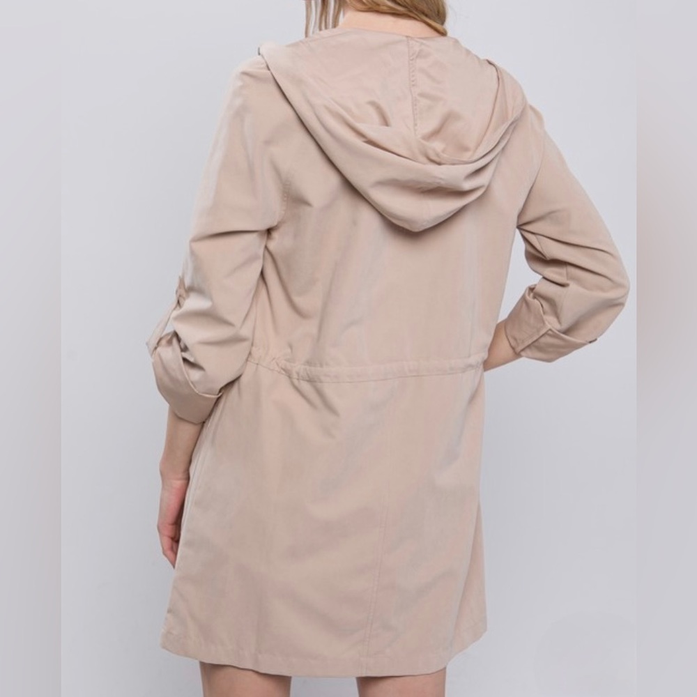 New Trench Jacket Utility Lightweight Hooded Long Line Pockets Drawstring Black - Picture 6 of 6